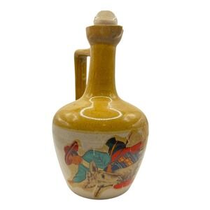 Vintage Mexican Folk Art Ceramic Decanter Mustard Yellow Donkey Rider 8in G72Q